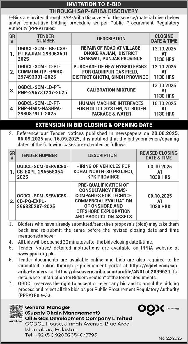 Oil & Gas Development Company Limited Islamabad Tender Notice